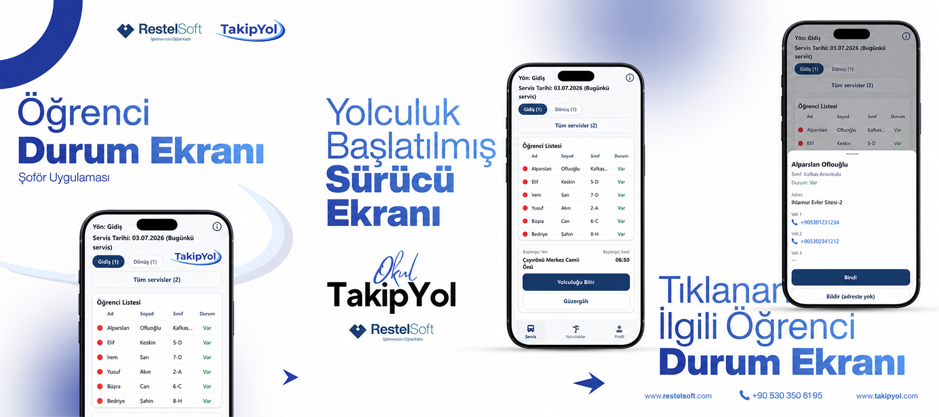 TakipYol şoför uygulaması: öğrenci listesi, aktif yolculuk ve öğrenci durum ekranları